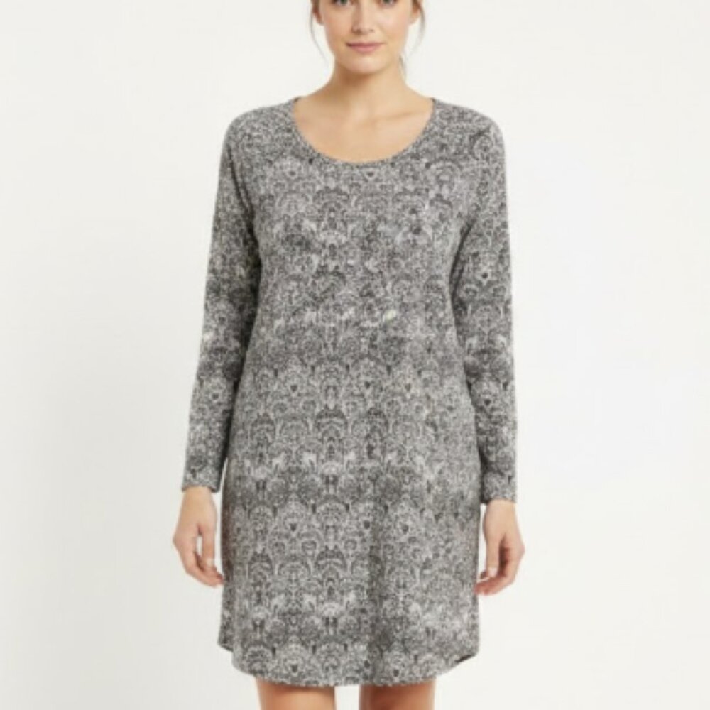 Soma Gray White‎ Abstract Print Crew Neck Soft Stretch Long Sleeve Dress Large